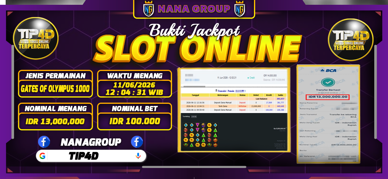 Bukti Kemenangan Besar Dibayar lunas Member TIP4D RP 13.000.000, 11 Juni 2026