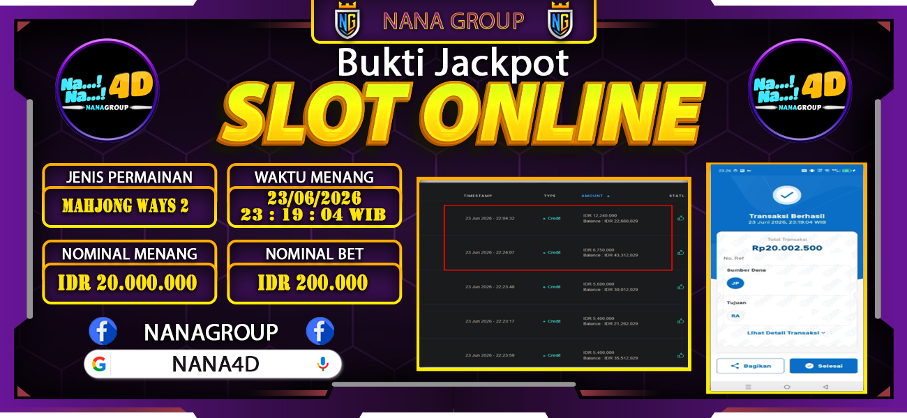 Bukti Kemenangan Besar Dibayar lunas Member NANA4D RP 20.000.000, 23 Juni 2026