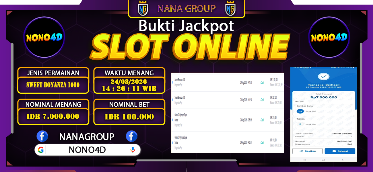 Bukti Kemenangan Besar Dibayar lunas Member NONO4D RP 7.000.000, 24 Agustus 2026