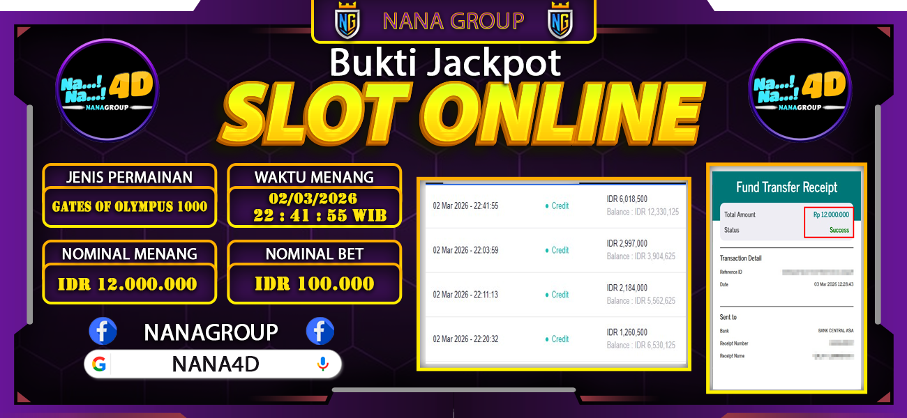 Bukti Kemenangan Besar Dibayar lunas Member NANA4D RP 12.000.000, 3 Maret 2026