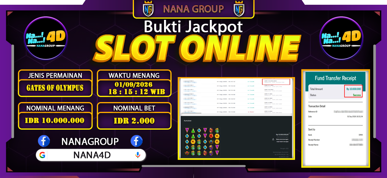 Bukti Kemenangan Besar Dibayar lunas Member NANA4D RP 10.000.000, 1 September 2026