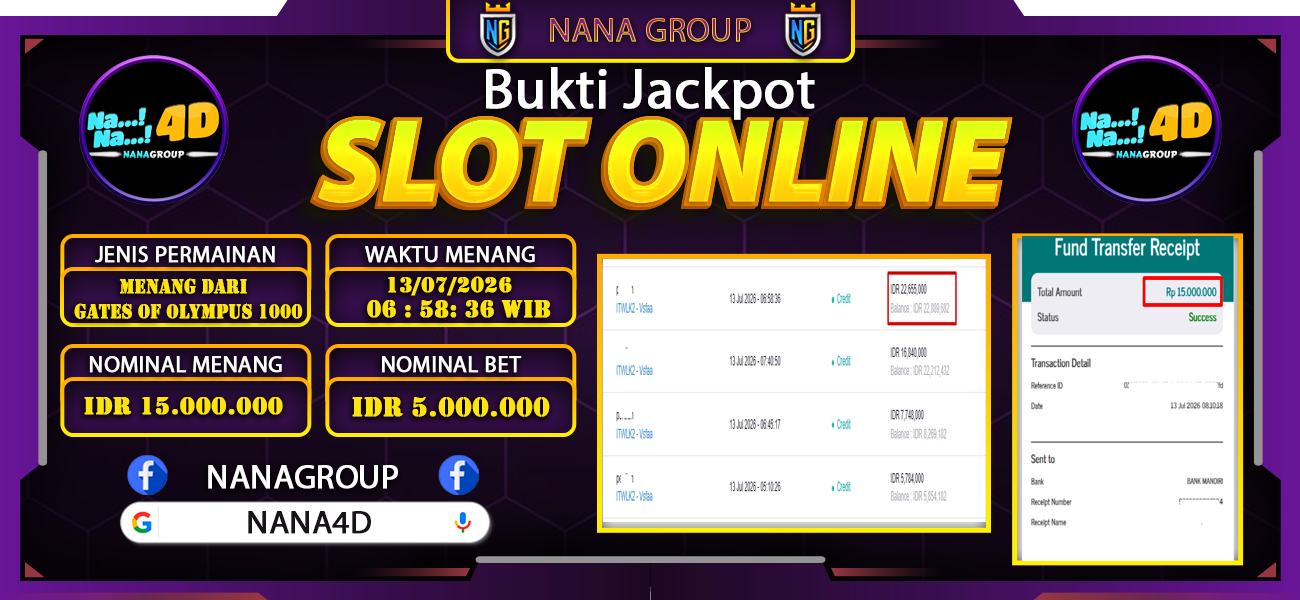 Bukti Kemenangan Besar Dibayar lunas Member NANA4D RP 15.000.000, 13 Juli 2026