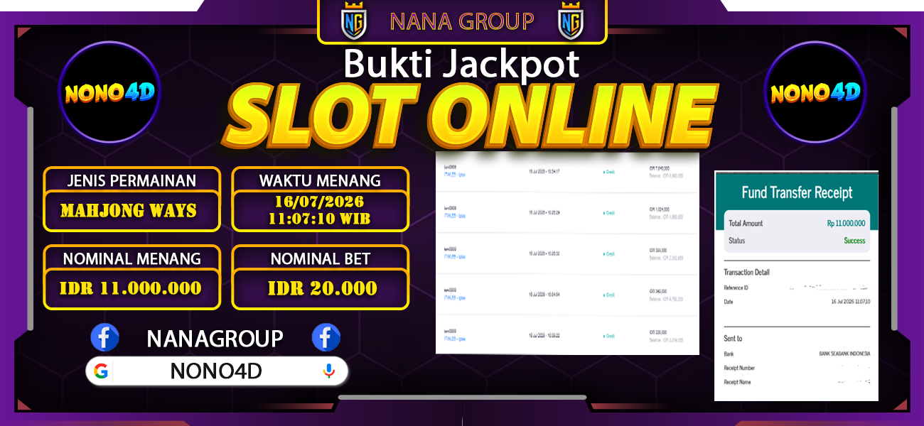 Bukti Kemenangan Besar Dibayar lunas Member NONO4D RP 11.000.000, 16 Juli 2026