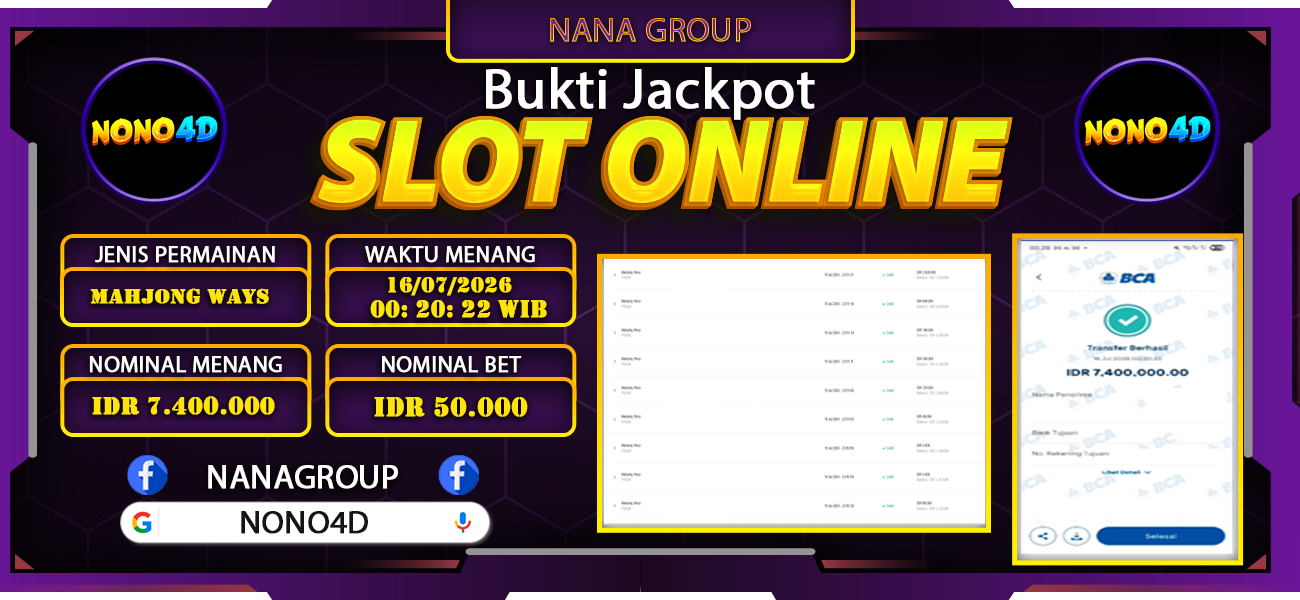 Bukti Kemenangan Besar Dibayar lunas Member NONO4D RP 7.400.000, 16 Juli 2026