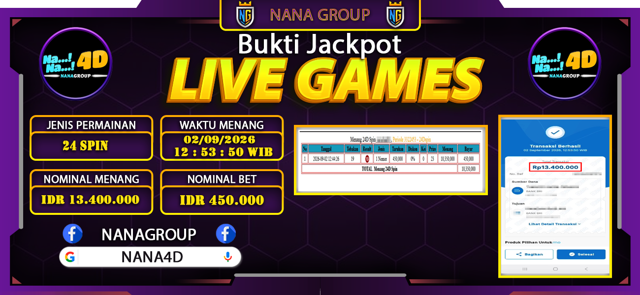 Bukti Kemenangan Besar Dibayar lunas Member NANA4D RP 13.400.000, 2 September 2026