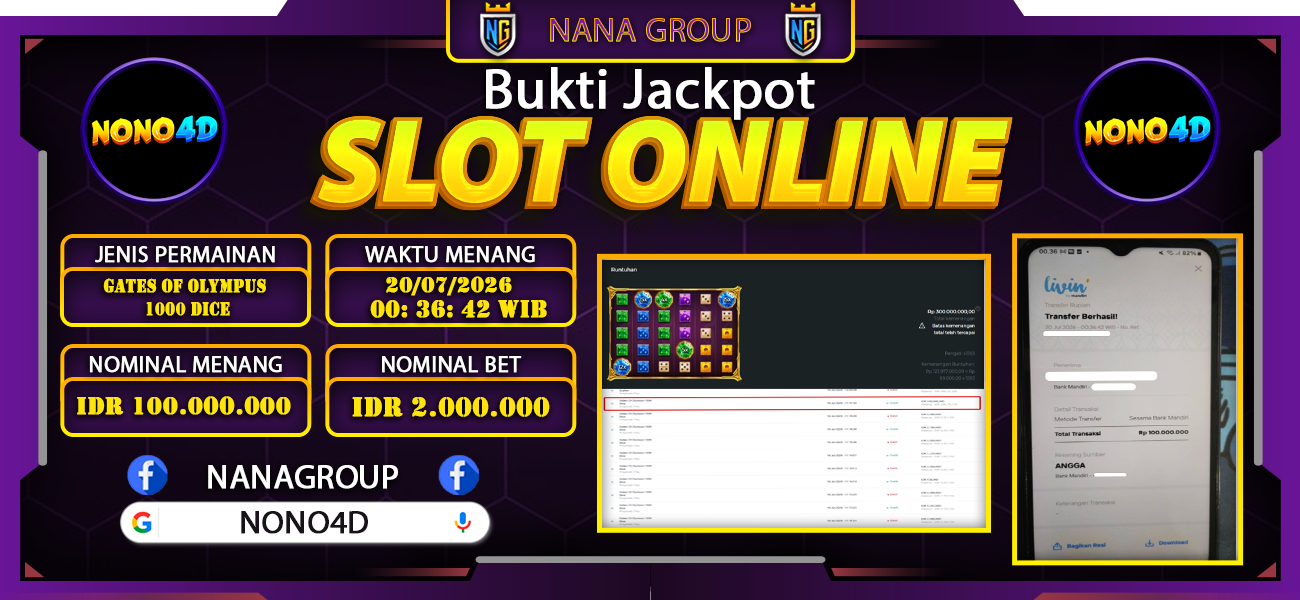 Bukti Kemenangan Besar Dibayar lunas Member NONO4D RP 100.000.000, 20 Juli 2026