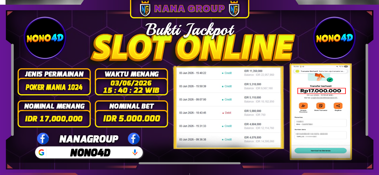 Bukti Kemenangan Besar Dibayar lunas Member NONO4D RP 17.000.000, 3 Juni 2026