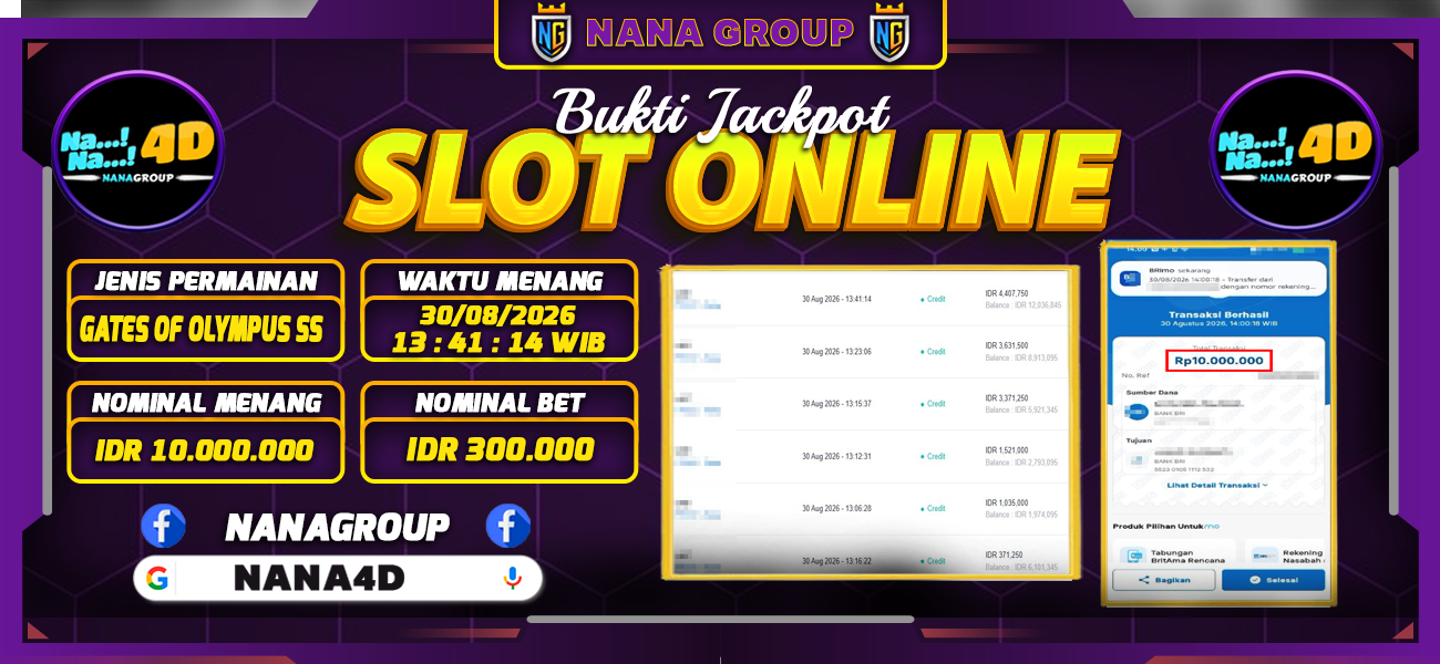 Bukti Kemenangan Besar Dibayar lunas Member NANA4D RP 10.000.000, 30 Agustus 2026