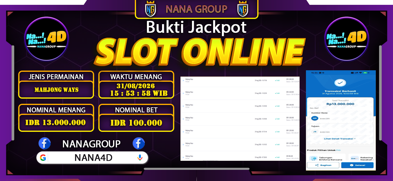 Bukti Kemenangan Besar Dibayar lunas Member NANA4D RP 13.000.000, 31 Agustus 2026