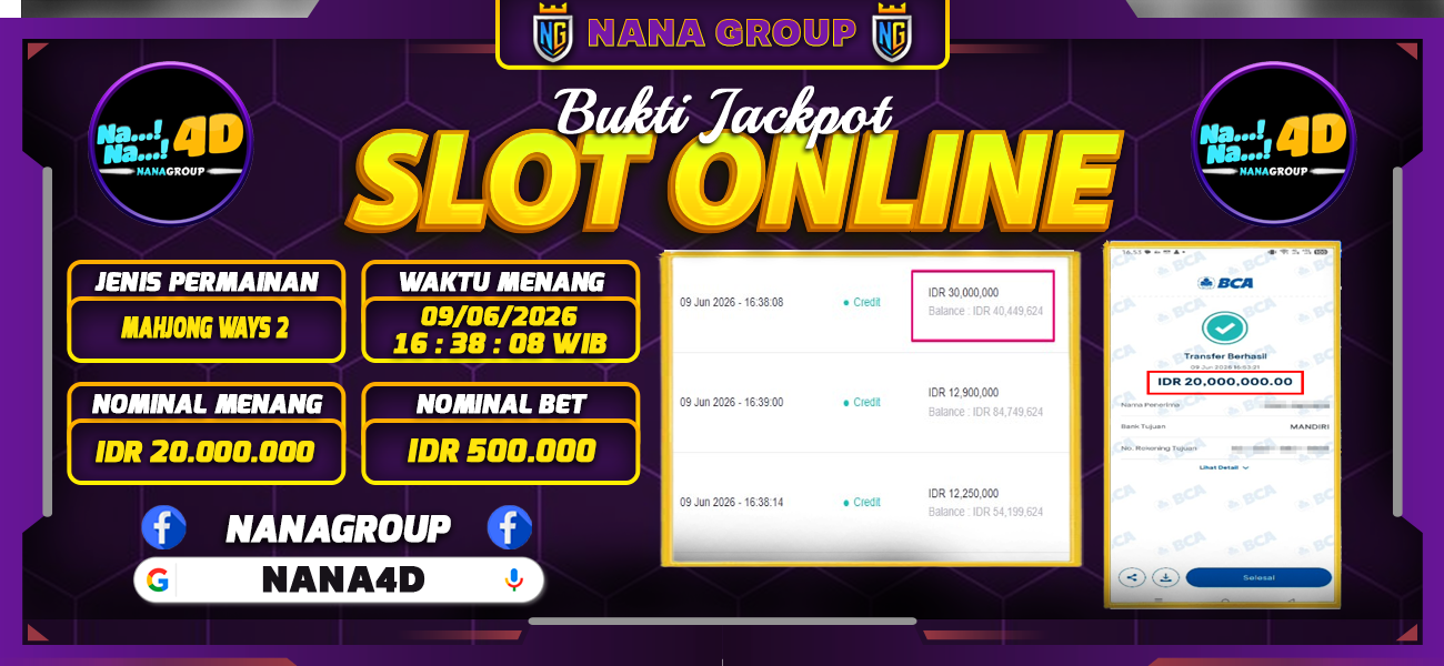 Bukti Kemenangan Besar Dibayar lunas Member NANA4D RP 20.000.000, 9 Juni 2026