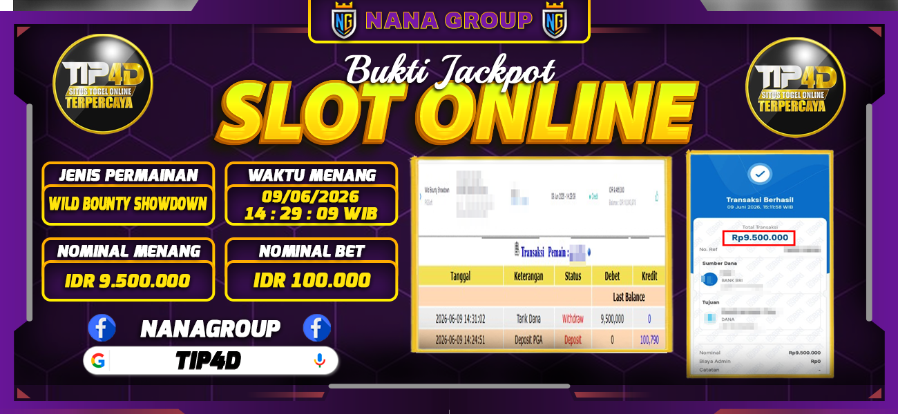 Bukti Kemenangan Besar Dibayar lunas Member TIP4D RP 9.500.000, 9 Juni 2026